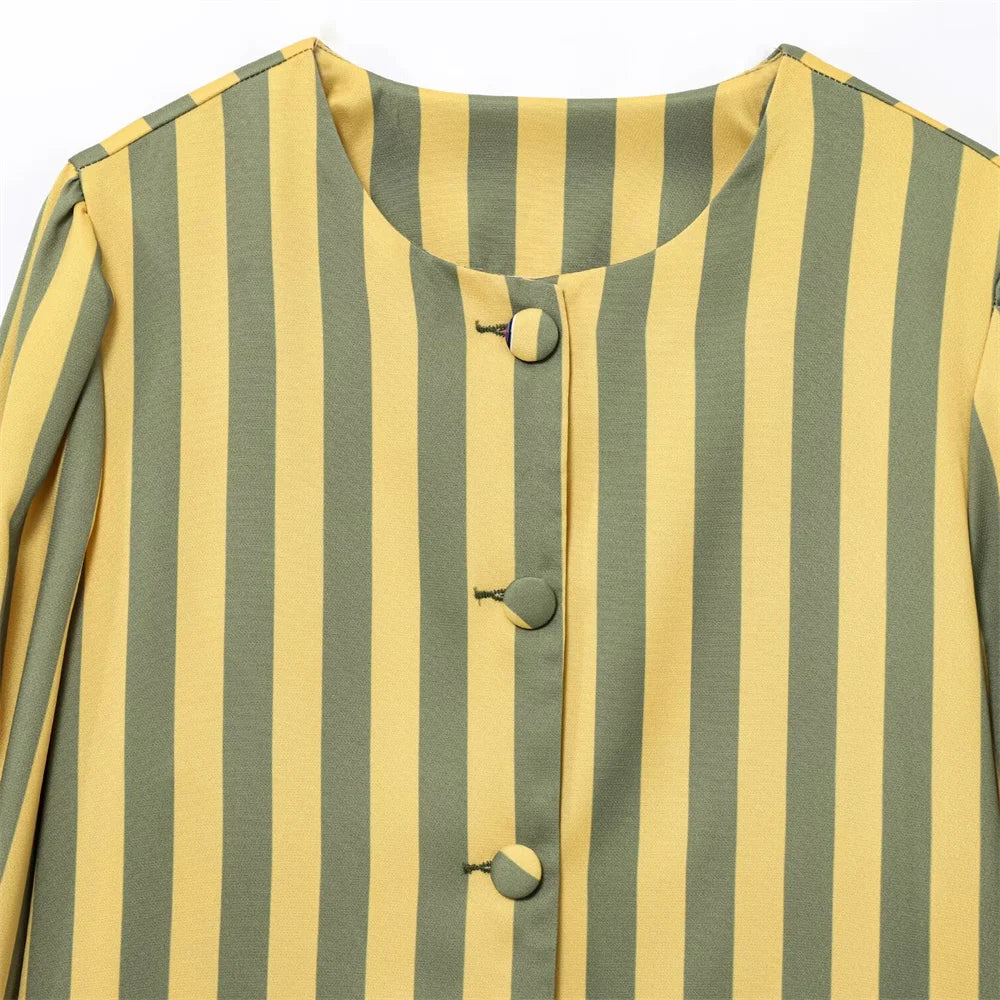 UNIZERA women's striped bubble sleeve top with round neck buckle decoration shirt for spring and summer casual women's wear