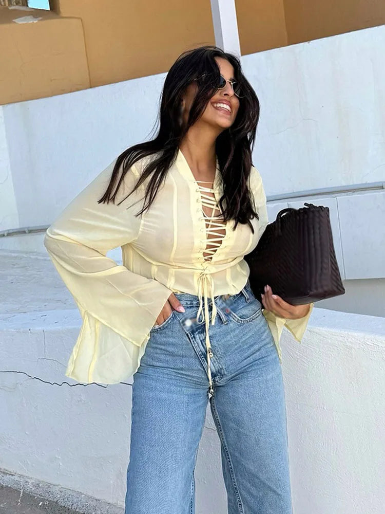 TRAFZA Women's 2025 Summer Versatile V-neck Lace-up Decorative Chiffon Loose Shirt Female Thin Pullover Casual Long Sleeve Shirt