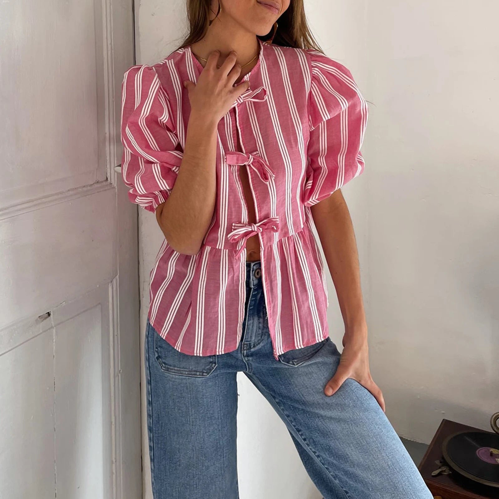 Women's Y2K Kawaii Summer Peplum Blouses Tops 3/4 Puff Sleeve Round Neck Bow Knot Tie-Up Front Babydoll Flare Casual Shirts