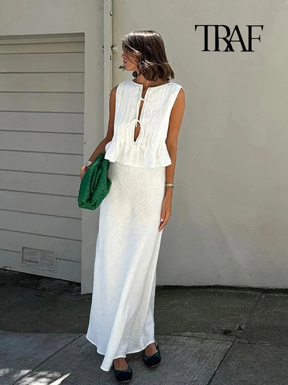 TRAF Women's Fashion Folded Ruffle Sleeveless Top Long Skirt Set Elegant White Lace Tie Blouse Chic High Waist Long Skirt Set