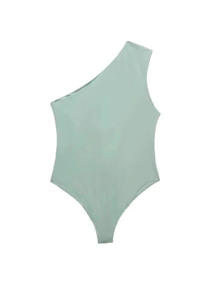 TRZA-Women's Ruched Asymmetric Bodysuits, One Shoulder, Wide Straps, Snap-Button, Female Playsuits, Sexy Fashion