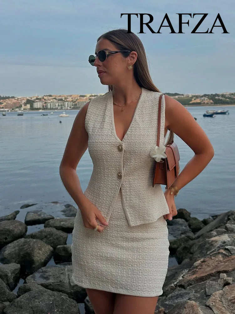 TRAFZA Women's Casual Slim Sets Solid Sleeveless Single-Breasted Vest Top+High Waist Mini Skirt Female Fashion Skirt Suit