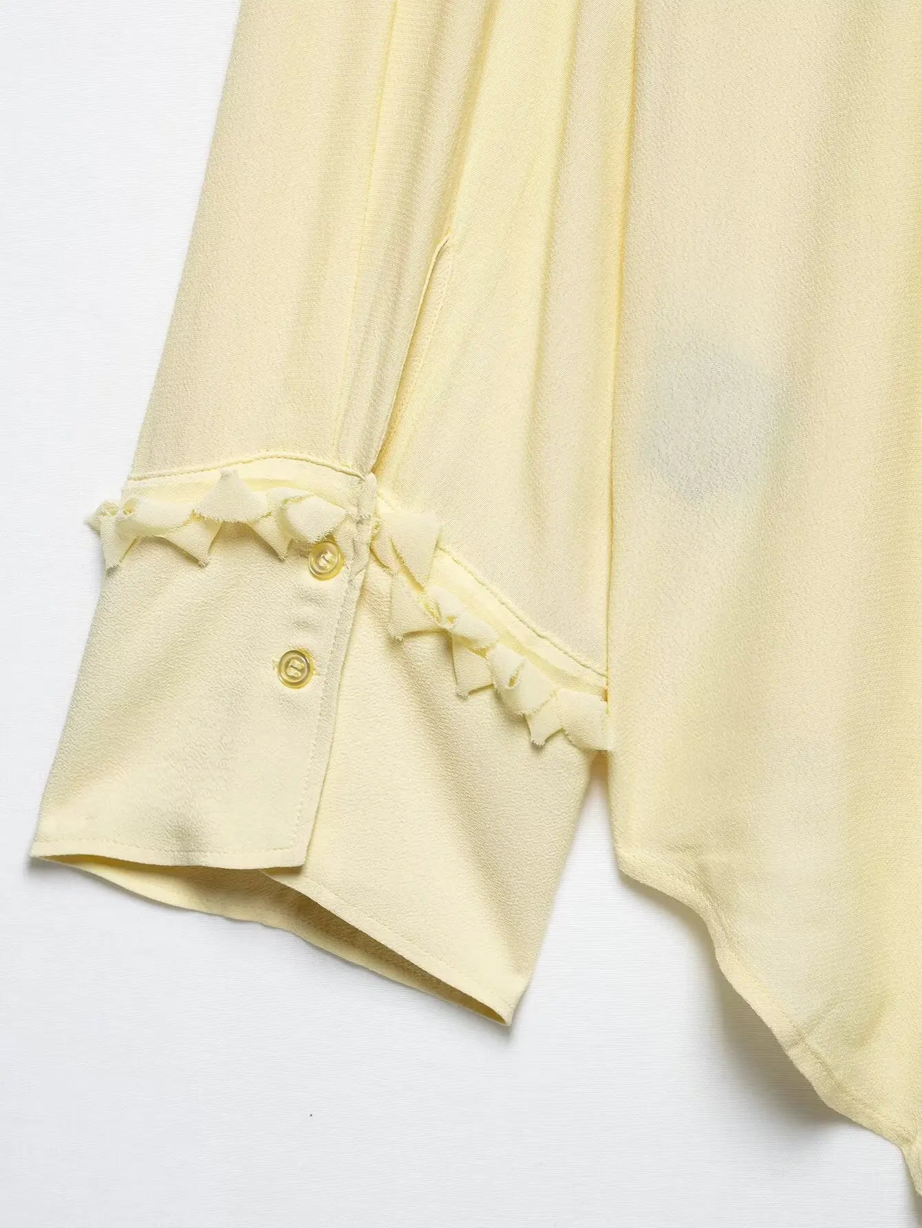 TRAFZA Female Summer Casual Chic Shirts Light Yellow V-Neck Long Sleeves Tierred Decoration Lace-Up Women's Fashion Blouses
