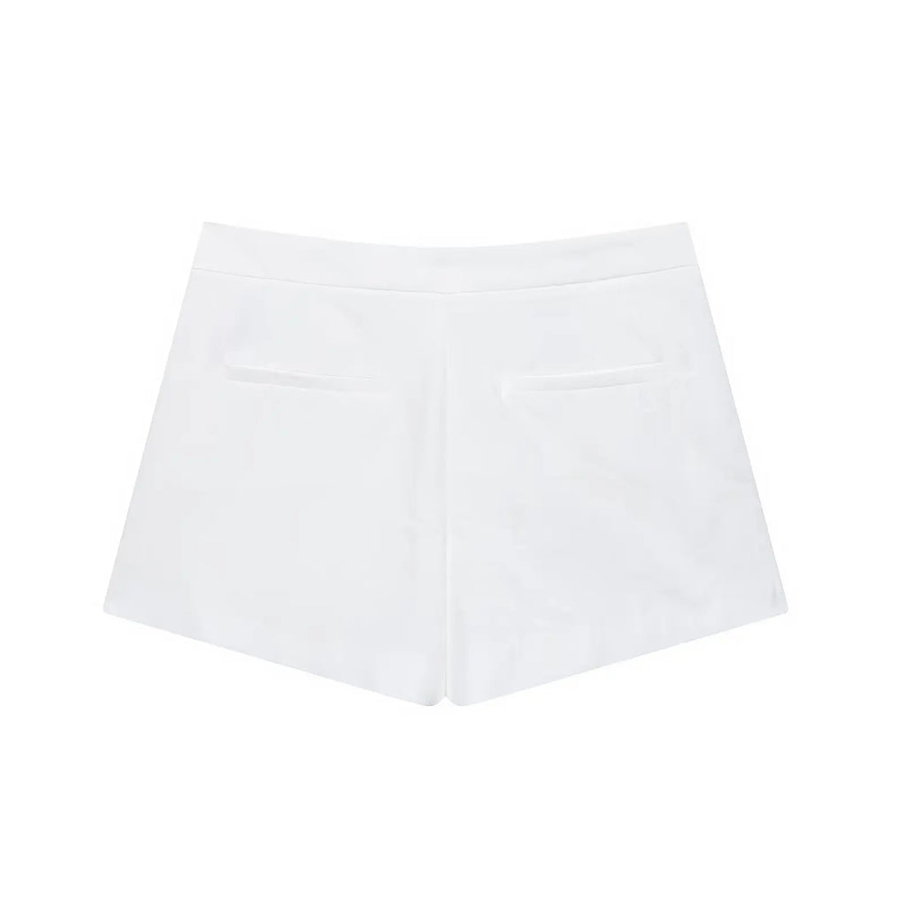 TRAFZA Women's Solid Square Collar Single Breasted Sleeveless Short Top+High Waist Zipper Side Pocket Shorts Female Slim Suits