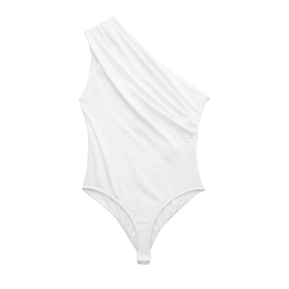 TRZA-Women's Ruched Asymmetric Bodysuits, One Shoulder, Wide Straps, Snap-Button, Female Playsuits, Sexy Fashion