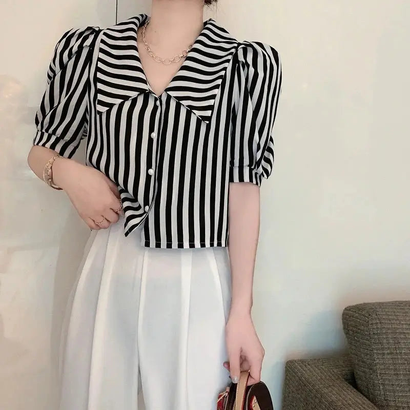 Striped Shirts Women Vintage Elegant Puff Sleeve Summer Office Lady Temper Camisas European Ins Y2k Clothes Designer High Street