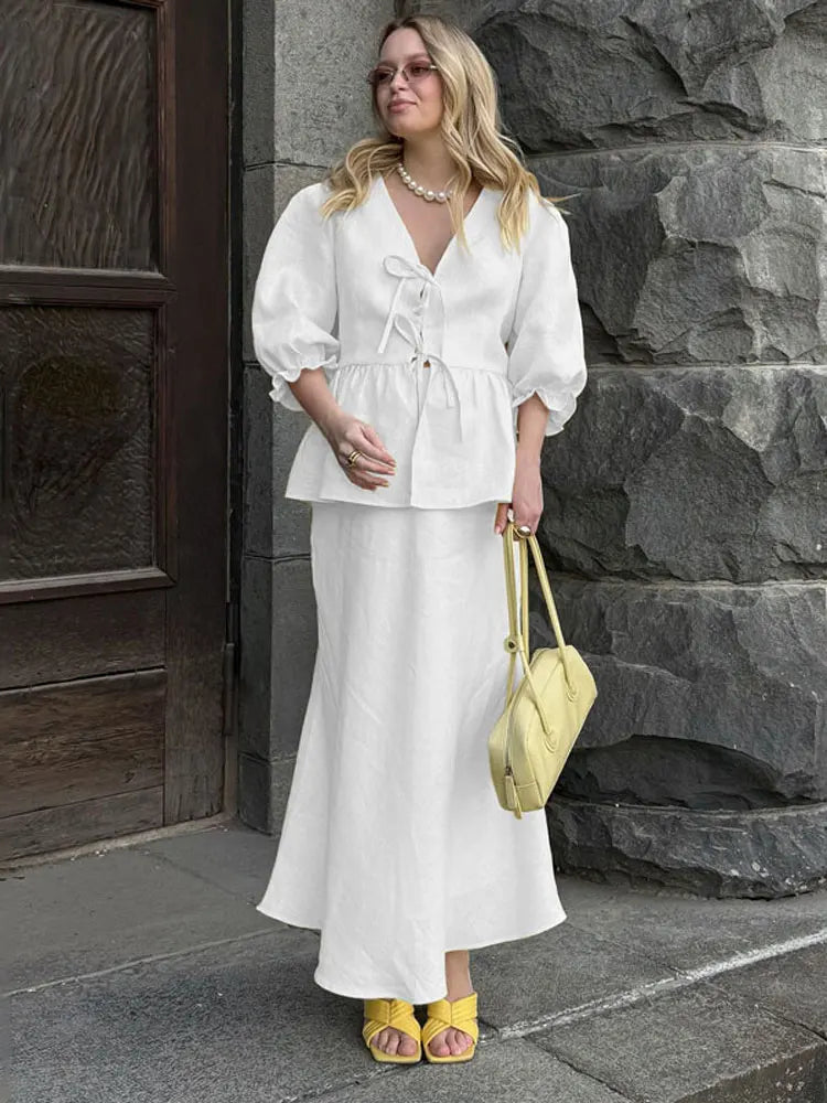 Tossy Summer Ruffled 2 Piece-Set Maxi Skirt For Women V-Neck Lace-Up Short Sleeve Shirts Top And Slim High Waist Long Skirt Sets