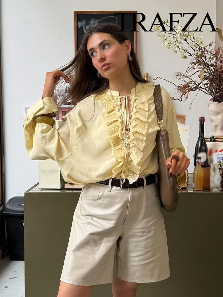 TRAFZA Female Summer Casual Chic Shirts Light Yellow V-Neck Long Sleeves Tierred Decoration Lace-Up Women's Fashion Blouses