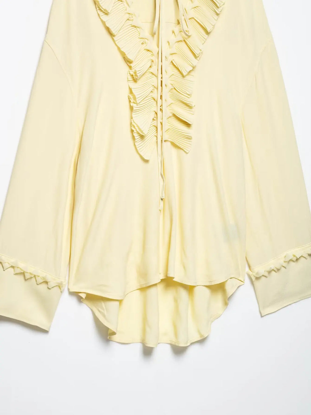 TRAFZA Female Summer Casual Chic Shirts Light Yellow V-Neck Long Sleeves Tierred Decoration Lace-Up Women's Fashion Blouses