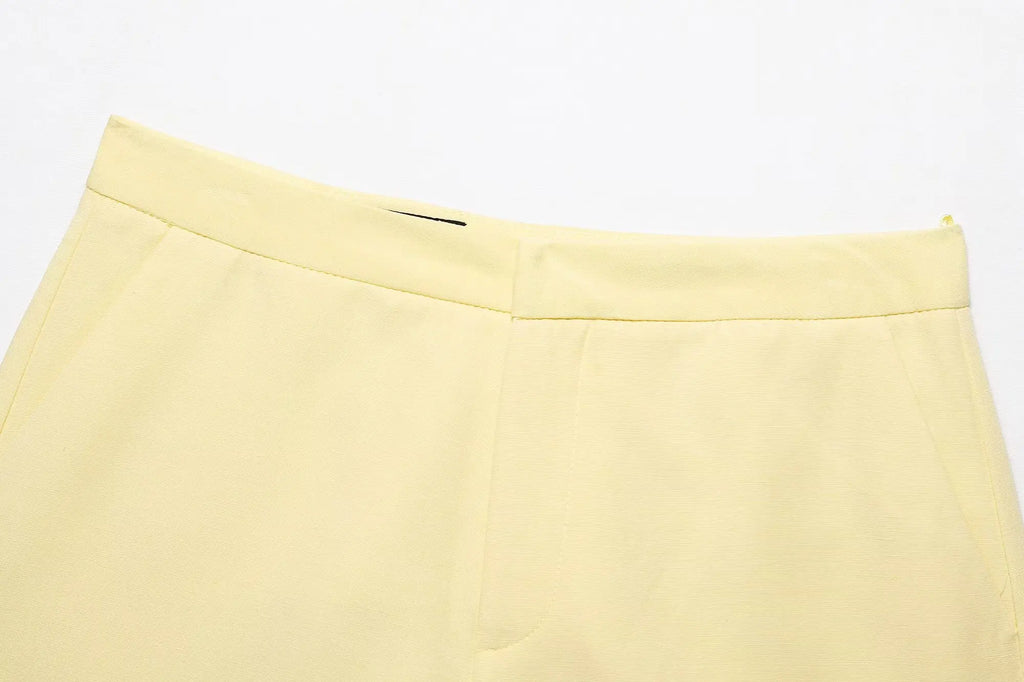 TRAFZA Women's Solid Square Collar Single Breasted Sleeveless Short Top+High Waist Zipper Side Pocket Shorts Female Slim Suits