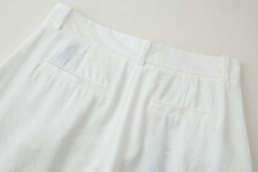 TRAFZA Women Pants Suit White Hanging Neck Collar Knot Decoration Top+Chic High Waist Side Pocket Zipper Pleated Wide-Leg Pants