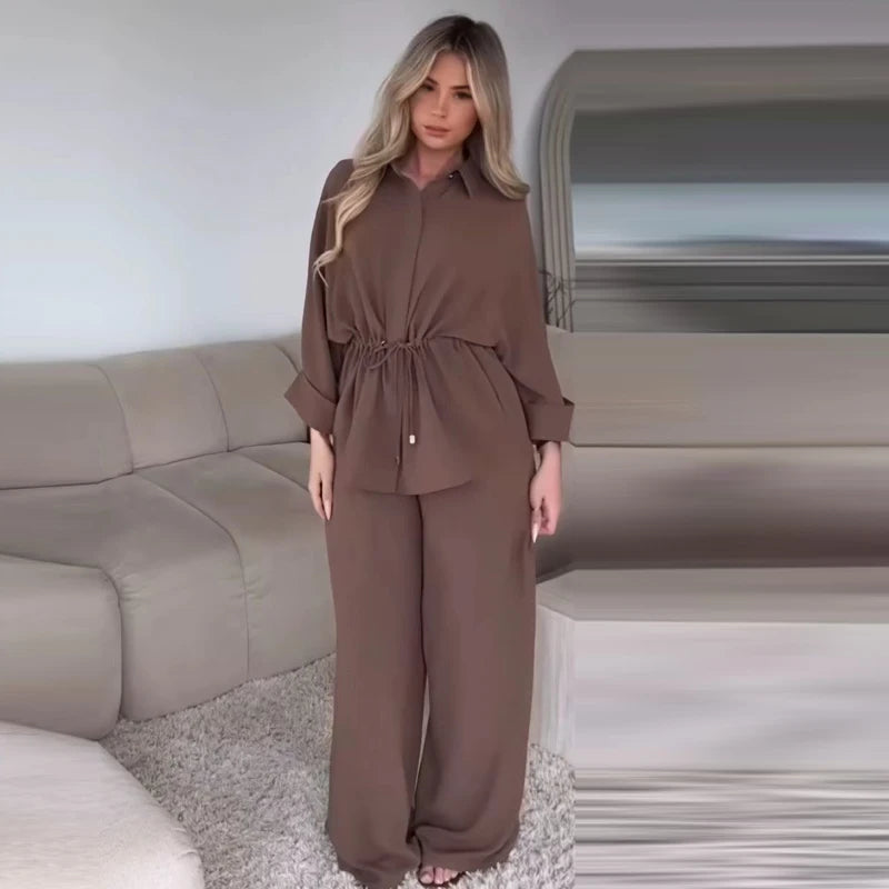 HXAO Safari Brown Pant Sets Women's Two Pieces Set Tunic Long Sleeve Shirt 2 Piece Sets Outfits High Waist Wide Leg Trouser Sets