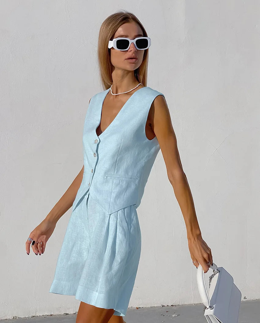 2025 Design Cotton Linen Suit Vest Suit Women's Summer Casual Sleeveless Vest Shorts Two-piece Set костюм женский летний