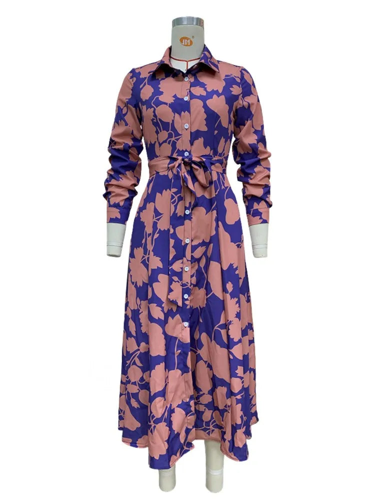 2024 Spring New Women's Fashion Style Printed Sexy Waist Strap Mid Length Single Breasted Long Sleeve Collar Dress