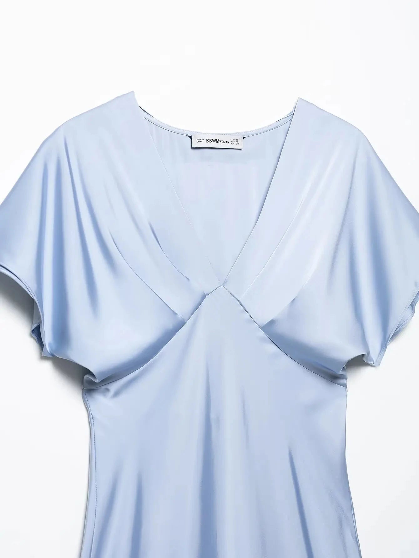 TRAFZA Summer Causal Silk Satin Texture Dresses For Women Pleated Short Sleeves Vintage V-neck Summer Pajama Style Midi Dresses