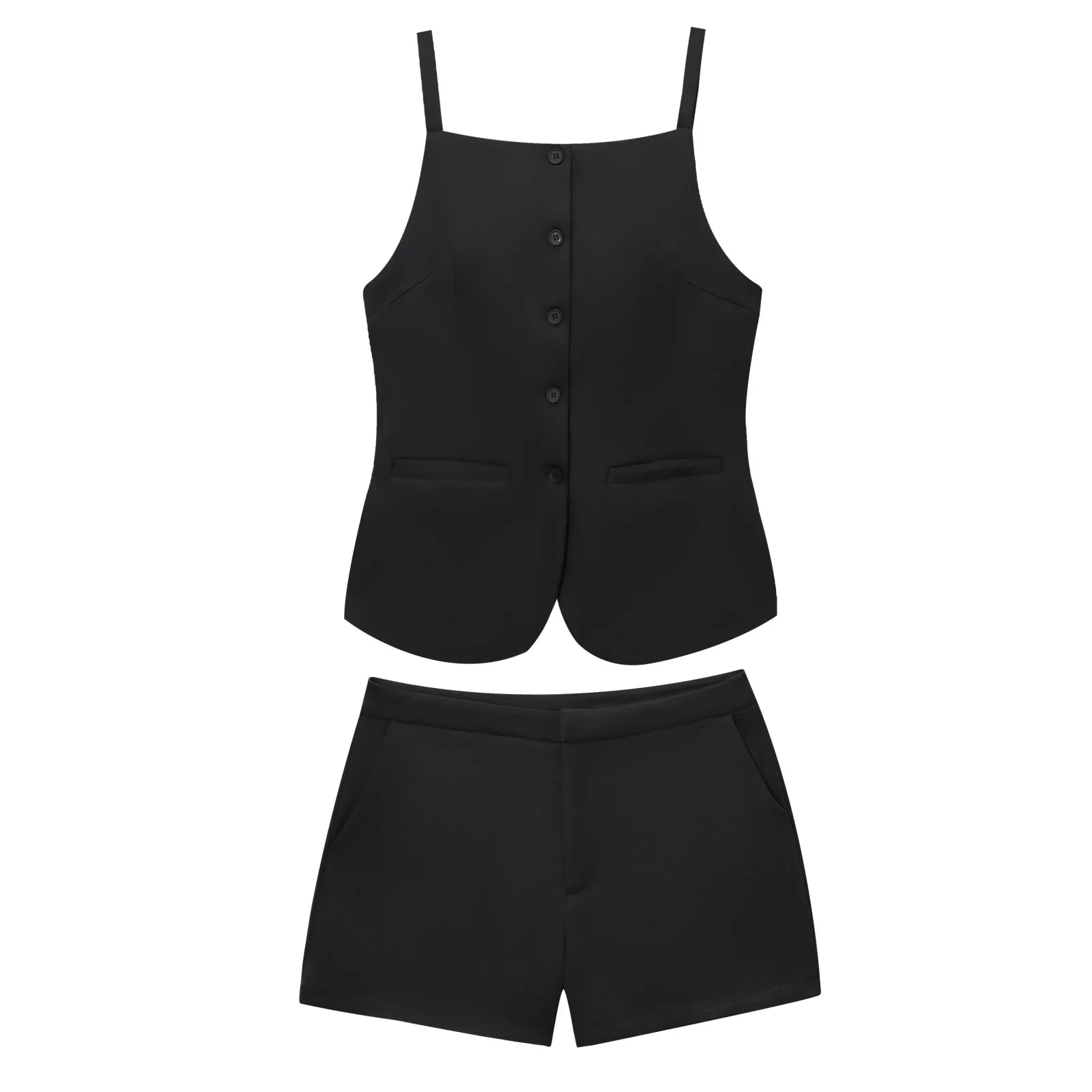 TRAFZA Women's Solid Square Collar Single Breasted Sleeveless Short Top+High Waist Zipper Side Pocket Shorts Female Slim Suits