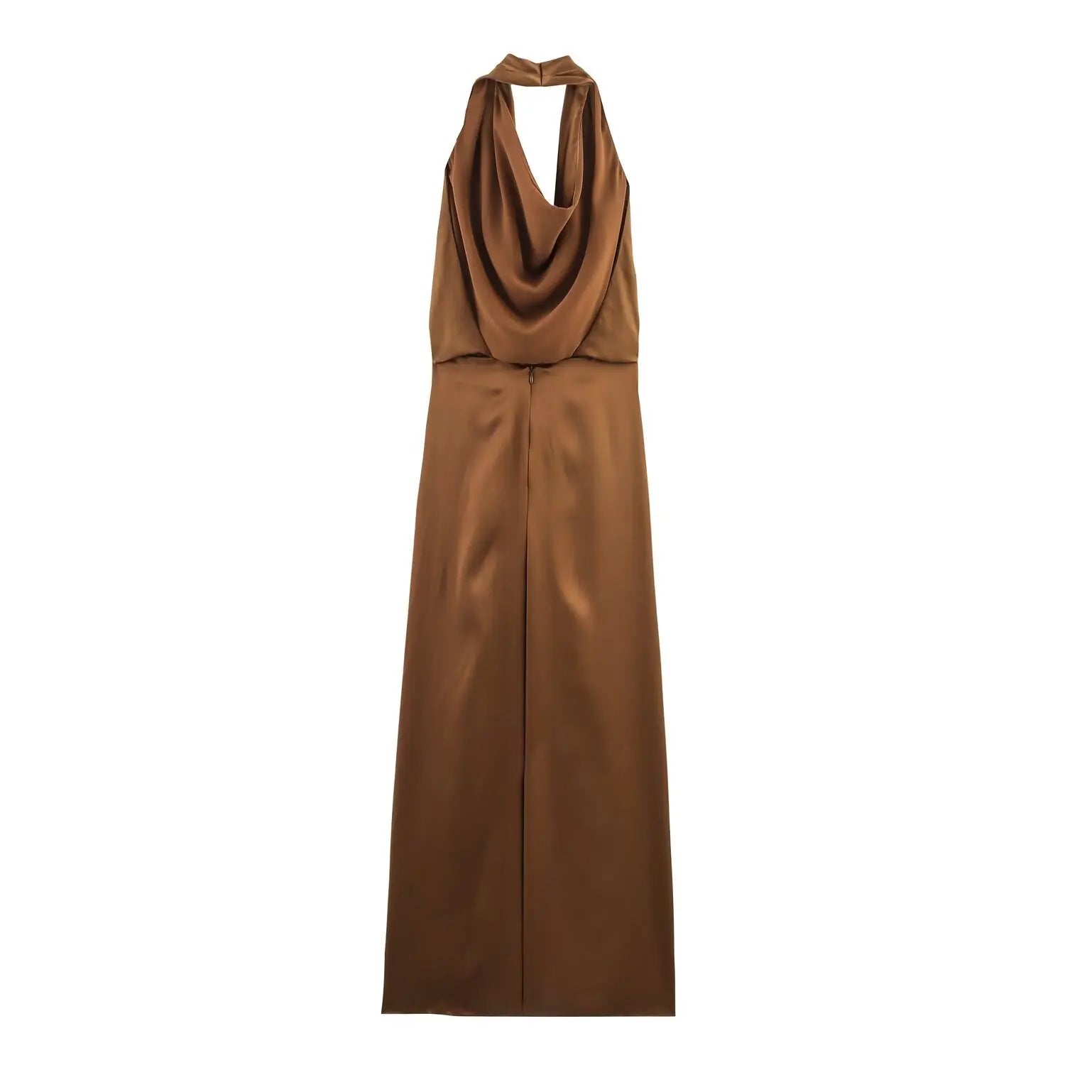 TRAFZA Women 2025 Fashion Solid Satin Texture Sleeveless Midi Dress Female Spring Hanging Neck Collar Hollow Out Long Dress