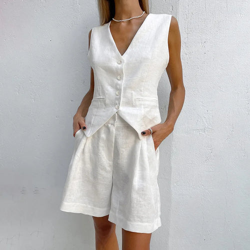 2025 Design Cotton Linen Suit Vest Suit Women's Summer Casual Sleeveless Vest Shorts Two-piece Set костюм женский летний
