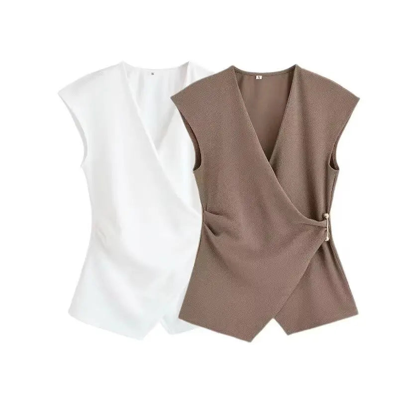 TRAF Simple Style Wide Leg Pants 2 Pieces Sets For Women Ruched Pin Vest Top Trousers Women's Suit 2025 New Casual Woman Outfits