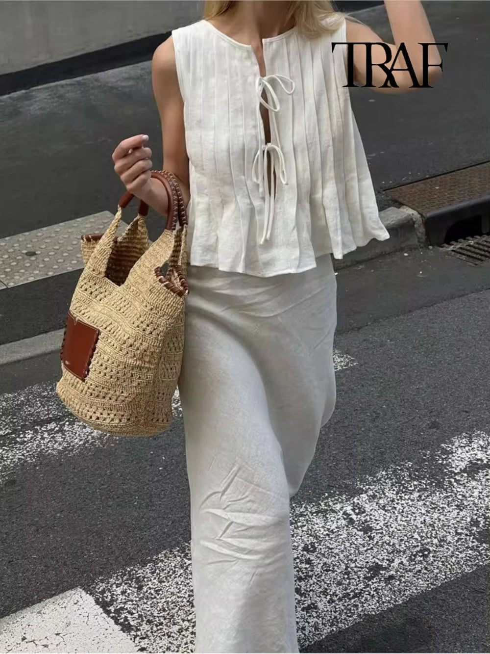 TRAF Women's Fashion Folded Ruffle Sleeveless Top Long Skirt Set Elegant White Lace Tie Blouse Chic High Waist Long Skirt Set