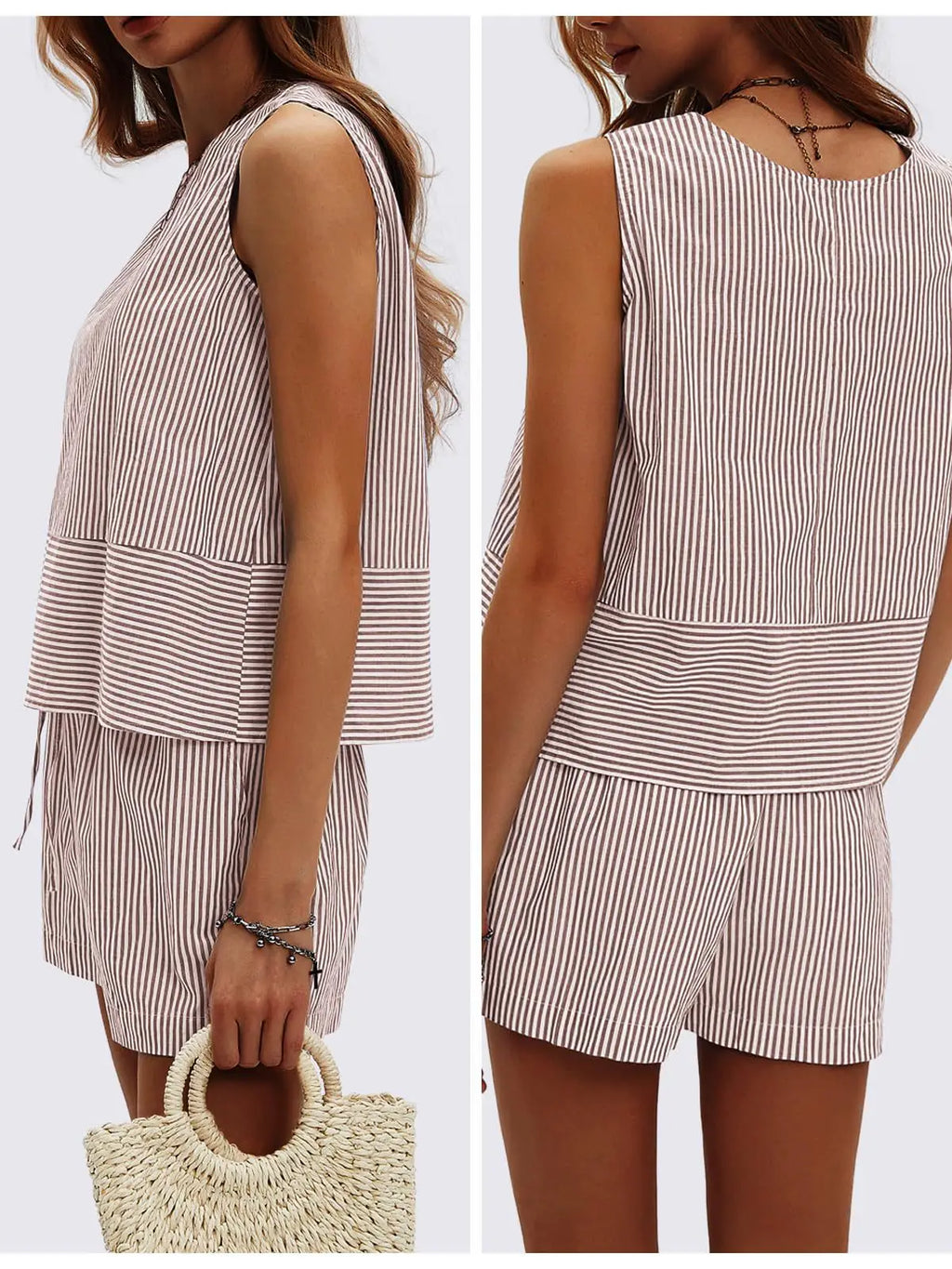2025 New European and American Style Store Women's Summer 2-Piece Set Sleeveless Top and Shorts Striped Sports