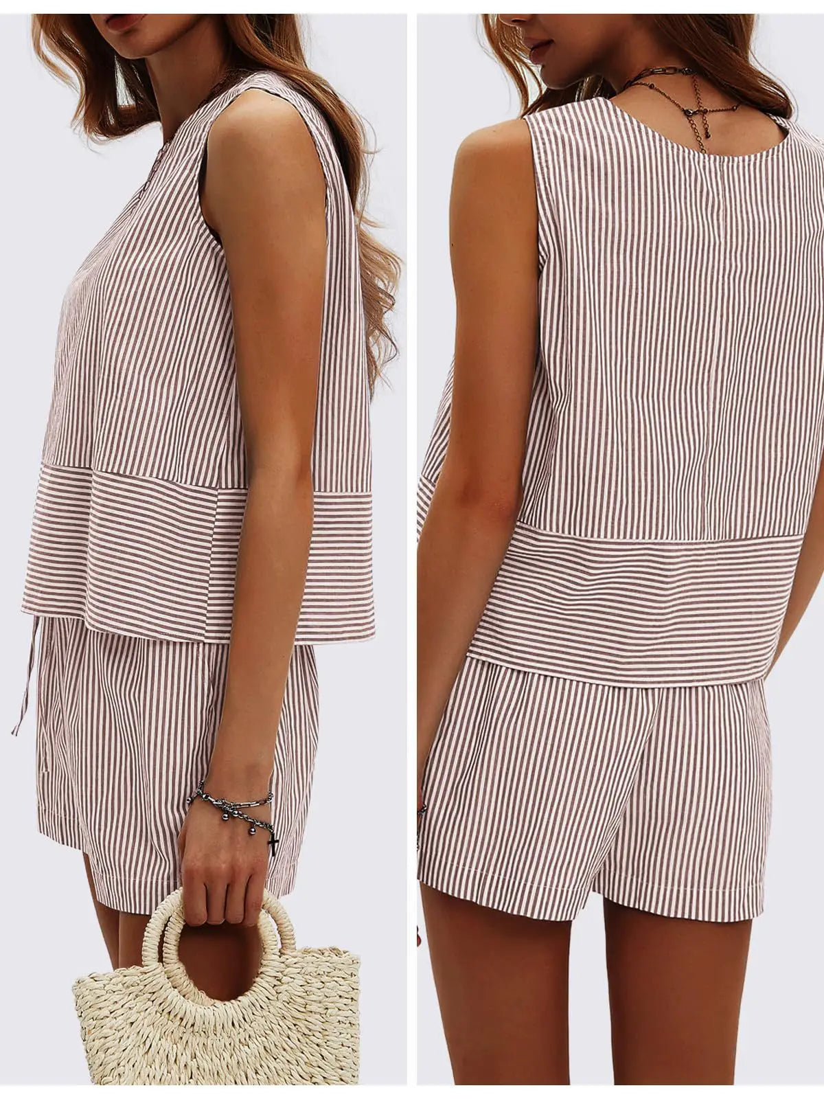 2025 New European and American Style Store Women's Summer 2-Piece Set Sleeveless Top and Shorts Striped Sports