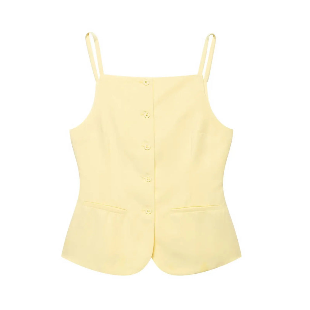 TRAFZA Women's Solid Square Collar Single Breasted Sleeveless Short Top+High Waist Zipper Side Pocket Shorts Female Slim Suits