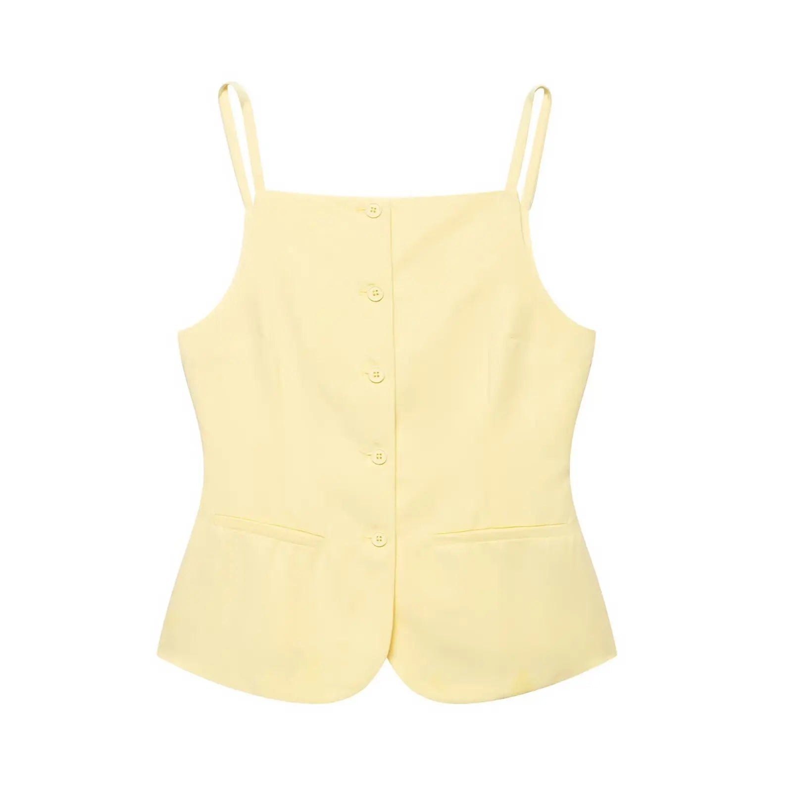 TRAFZA Women's Solid Square Collar Single Breasted Sleeveless Short Top+High Waist Zipper Side Pocket Shorts Female Slim Suits