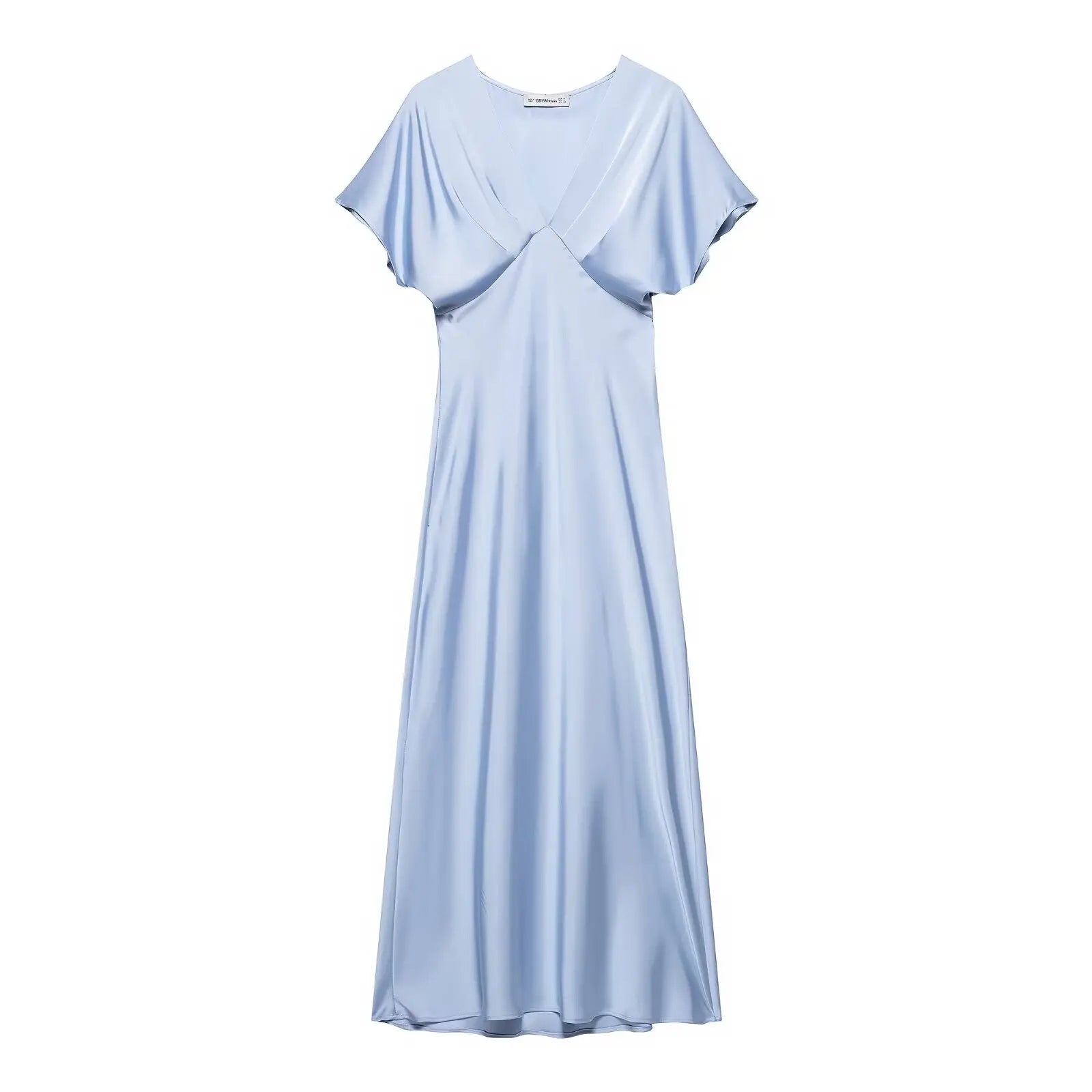 TRAFZA Summer Causal Silk Satin Texture Dresses For Women Pleated Short Sleeves Vintage V-neck Summer Pajama Style Midi Dresses