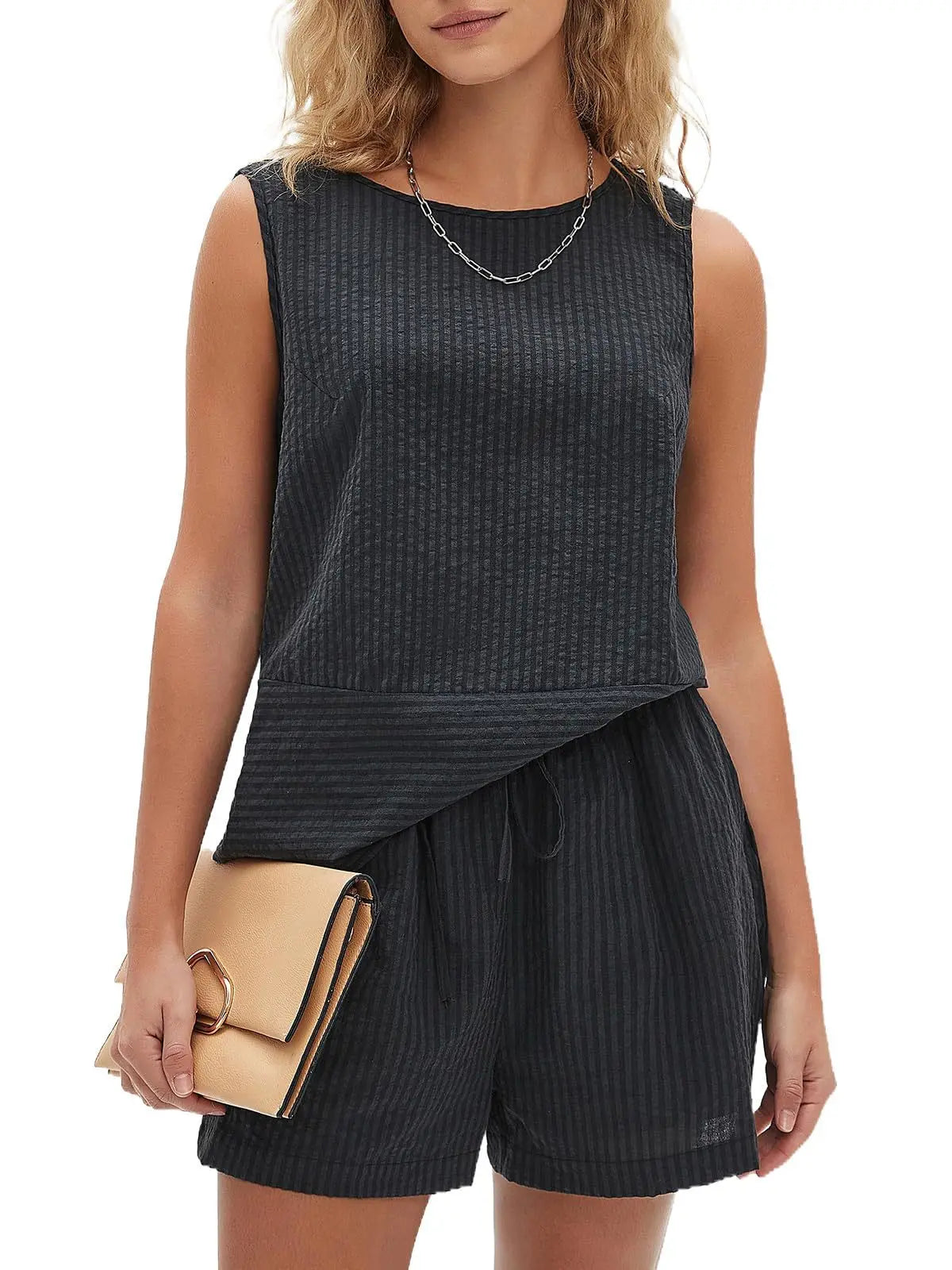 2025 New European and American Style Store Women's Summer 2-Piece Set Sleeveless Top and Shorts Striped Sports