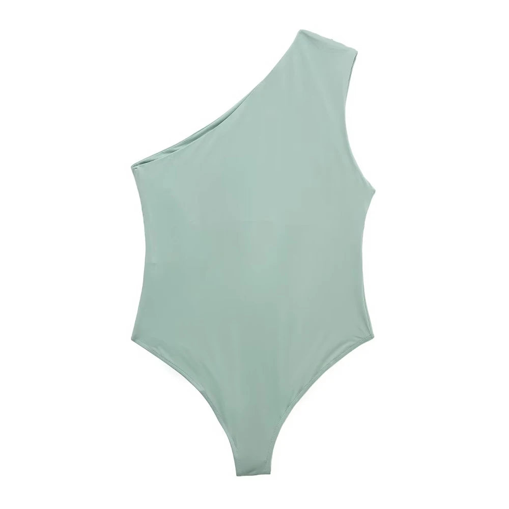TRZA-Women's Ruched Asymmetric Bodysuits, One Shoulder, Wide Straps, Snap-Button, Female Playsuits, Sexy Fashion
