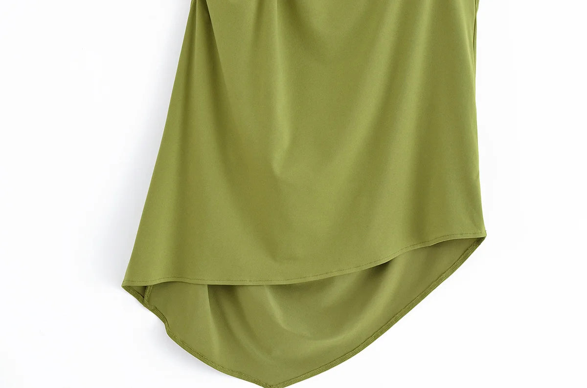 TRAFZA Women's Fashion Solid Pants Suit Backless Design With Pleated Asymmetric Sling Top Elastic Waist Wide-Leg Pants Set