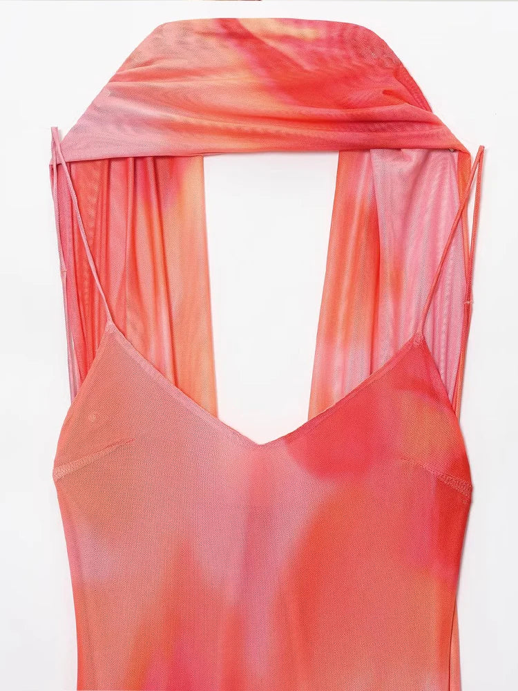 TRAF European and American style summer new fashion trend women's backless V-neck thin sling print scarf long dress