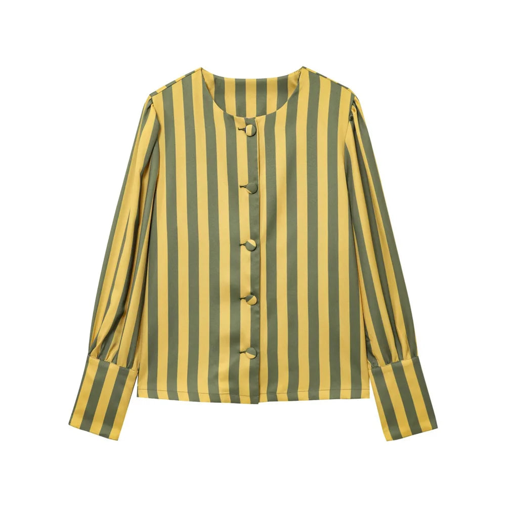 UNIZERA women's striped bubble sleeve top with round neck buckle decoration shirt for spring and summer casual women's wear