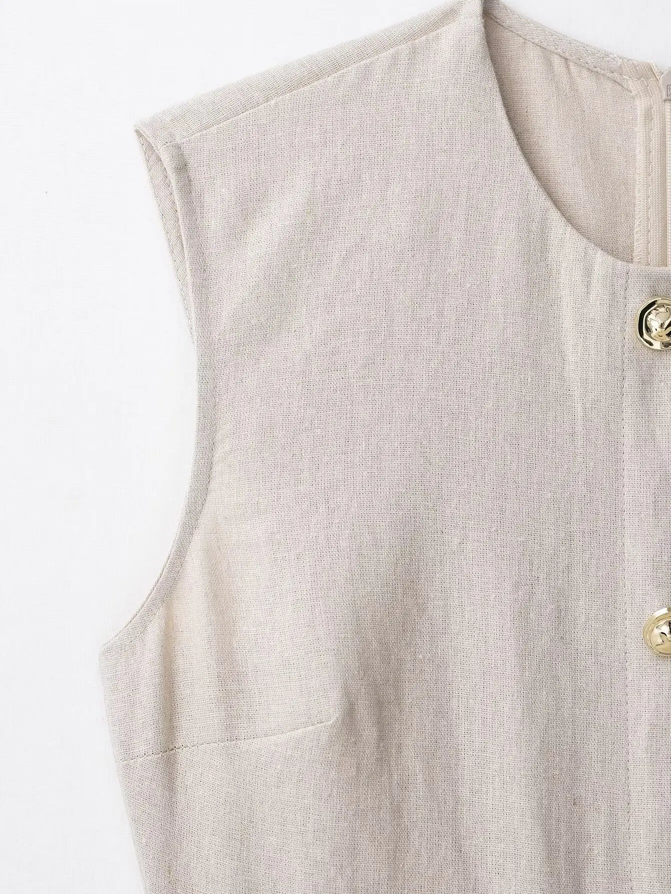 TRAFZA Women Summer New Round Neck Sleeveless Barrel Pocket Decorative Midi Dress Female Elegant Casual Long Straight Slim Dress