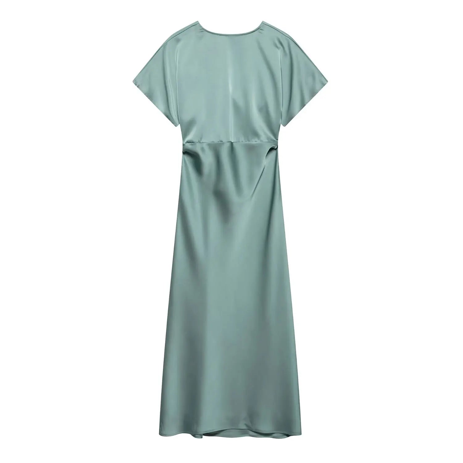 TRAFZA Summer Causal Silk Satin Texture Dresses For Women Pleated Short Sleeves Vintage V-neck Summer Pajama Style Midi Dresses