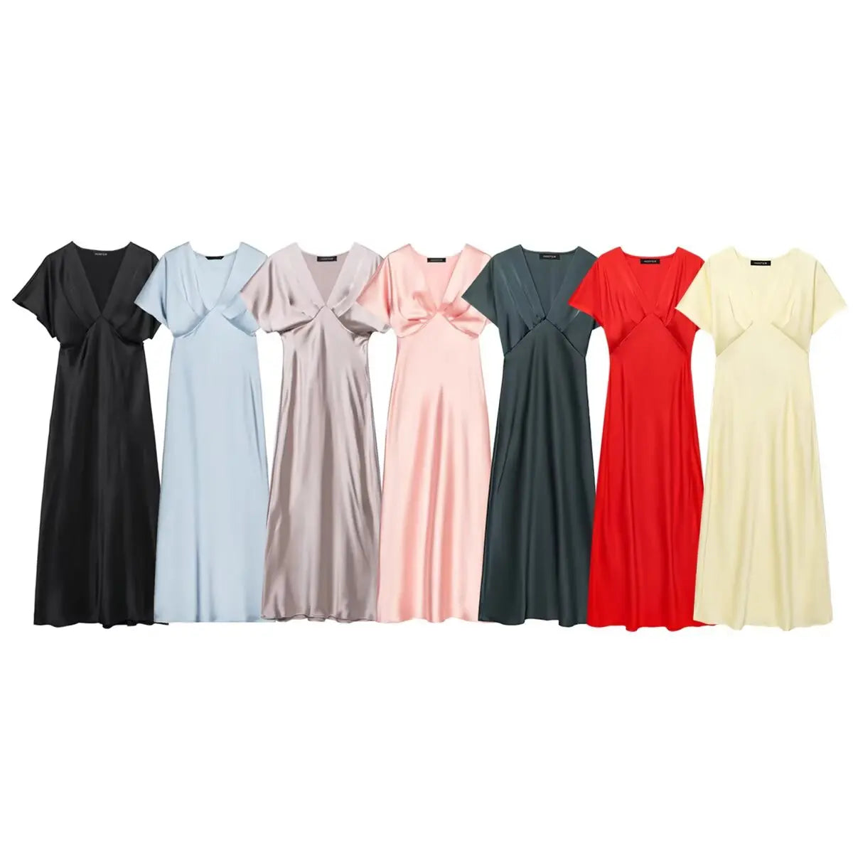 TRAFZA Summer Causal Silk Satin Texture Dresses For Women Pleated Short Sleeves Vintage V-neck Summer Pajama Style Midi Dresses
