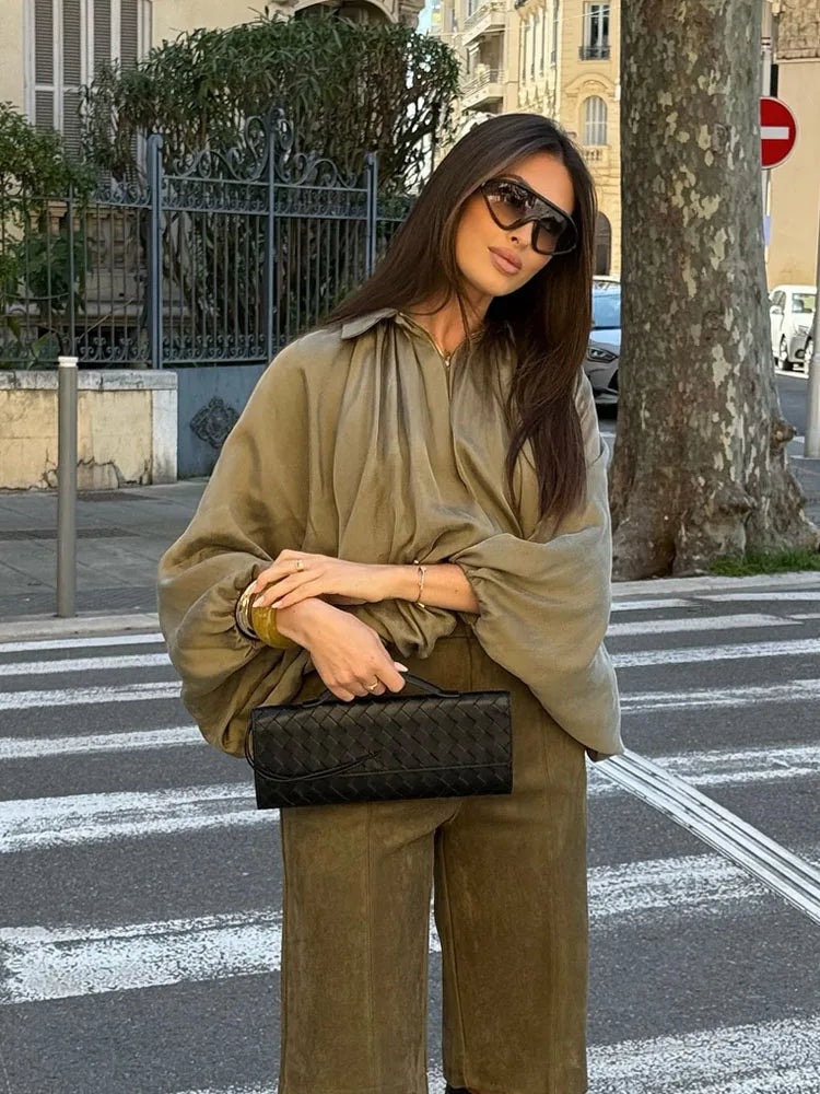 TRAFZA Spring Woman Elegant Chic Zipper Design Solid Casual Coat Women Lapel Bat Sleeve Pleated Decoration Loose Jacket Top