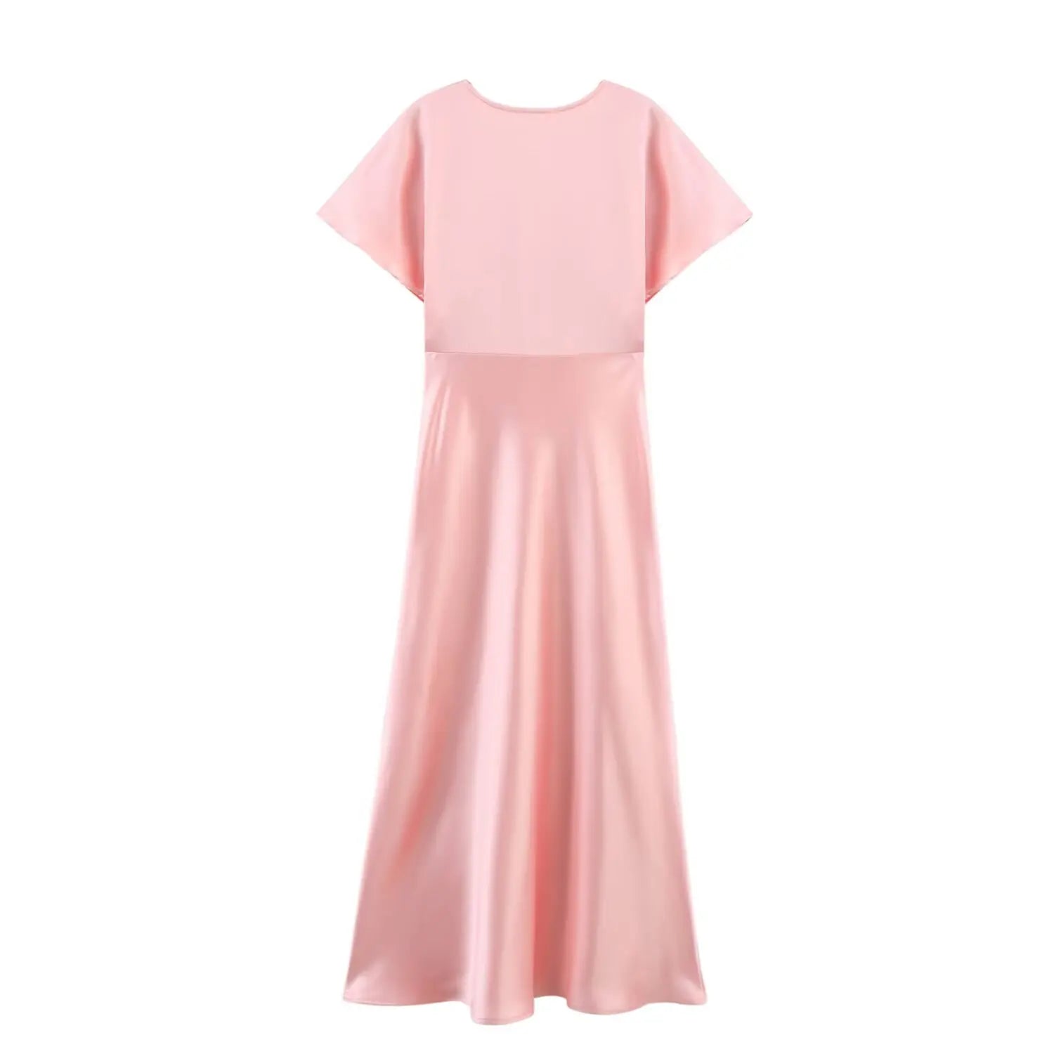 TRAFZA Summer Causal Silk Satin Texture Dresses For Women Pleated Short Sleeves Vintage V-neck Summer Pajama Style Midi Dresses