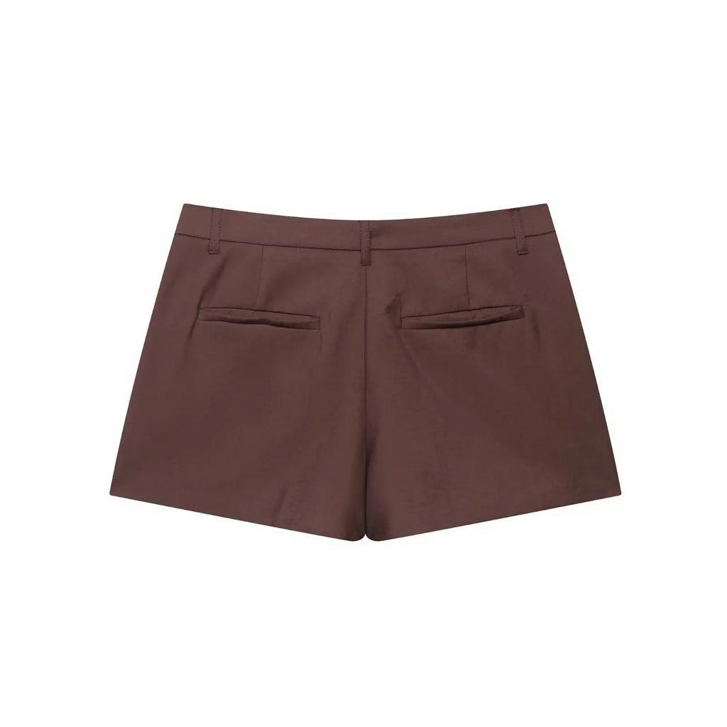 TRAFZA Female Summer Fashion Suits Brown Turn-Down Collar Long Sleeves Bow Lace-Up Single-Breasted Coat+High Waist Zipper Shorts