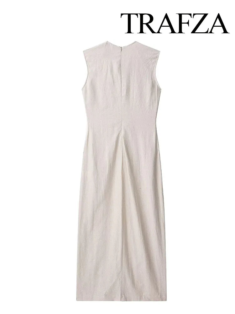 TRAFZA Women Summer New Round Neck Sleeveless Barrel Pocket Decorative Midi Dress Female Elegant Casual Long Straight Slim Dress