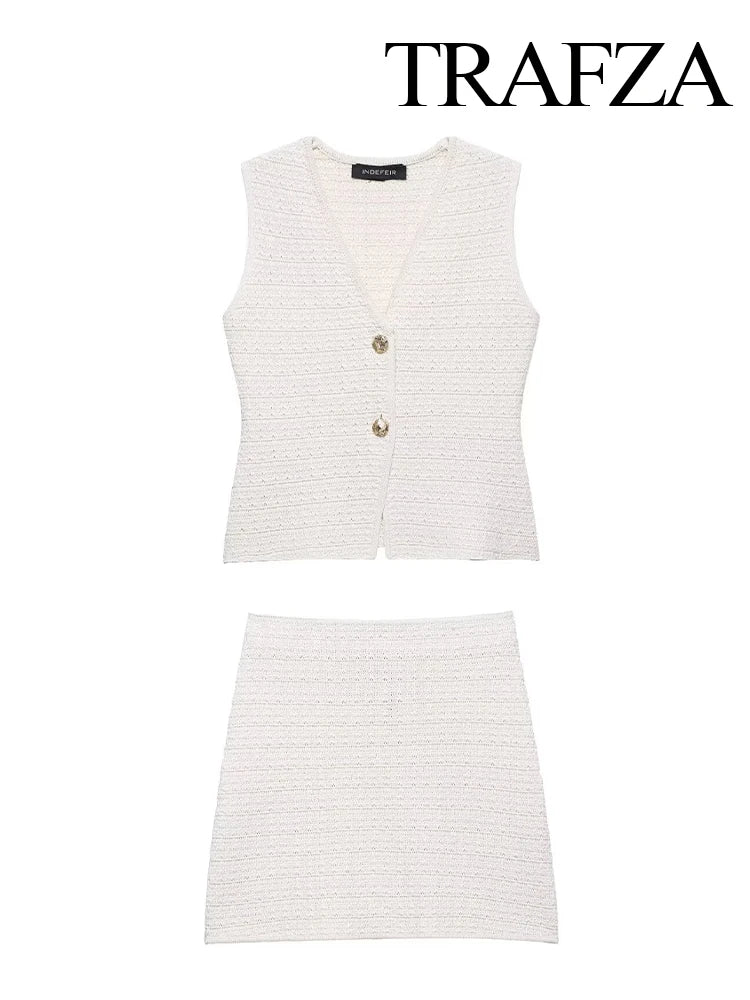 TRAFZA Women's Casual Slim Sets Solid Sleeveless Single-Breasted Vest Top+High Waist Mini Skirt Female Fashion Skirt Suit