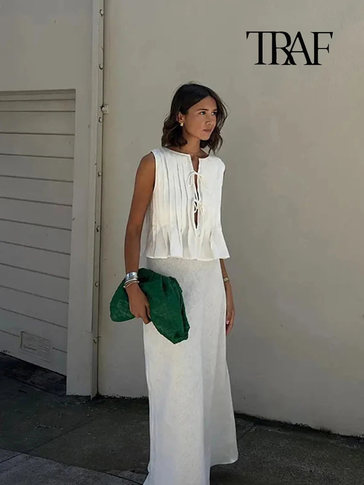 TRAF Women's Fashion Folded Ruffle Sleeveless Top Long Skirt Set Elegant White Lace Tie Blouse Chic High Waist Long Skirt Set