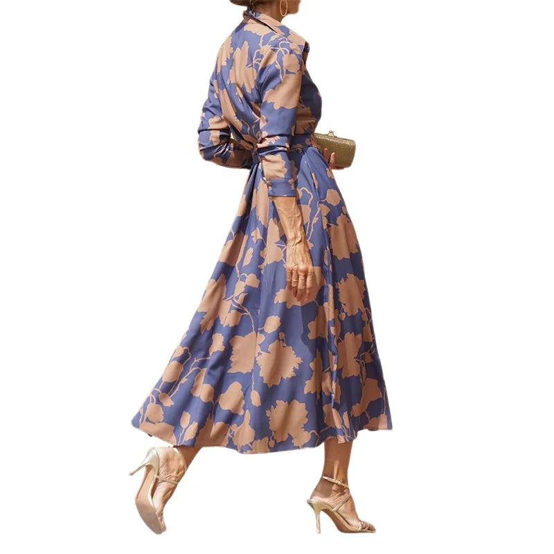2024 Spring New Women's Fashion Style Printed Sexy Waist Strap Mid Length Single Breasted Long Sleeve Collar Dress
