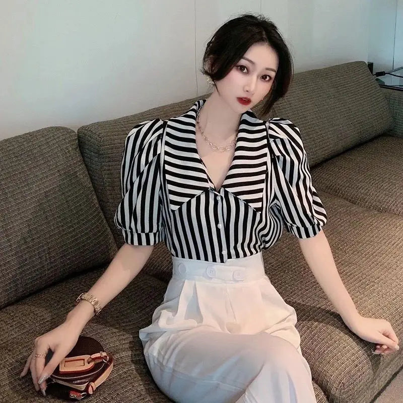 Striped Shirts Women Vintage Elegant Puff Sleeve Summer Office Lady Temper Camisas European Ins Y2k Clothes Designer High Street