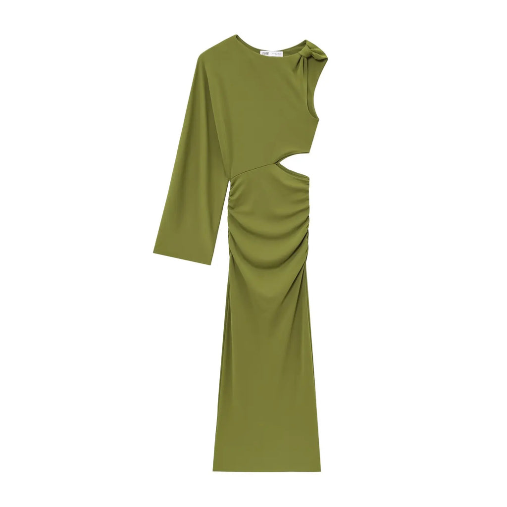 TRAFZA Female Summer Holiday Style Long Dress Green O-Neck Single-Shoulder Sleeve Hollow Out Waist Women's New Fashion Dresses