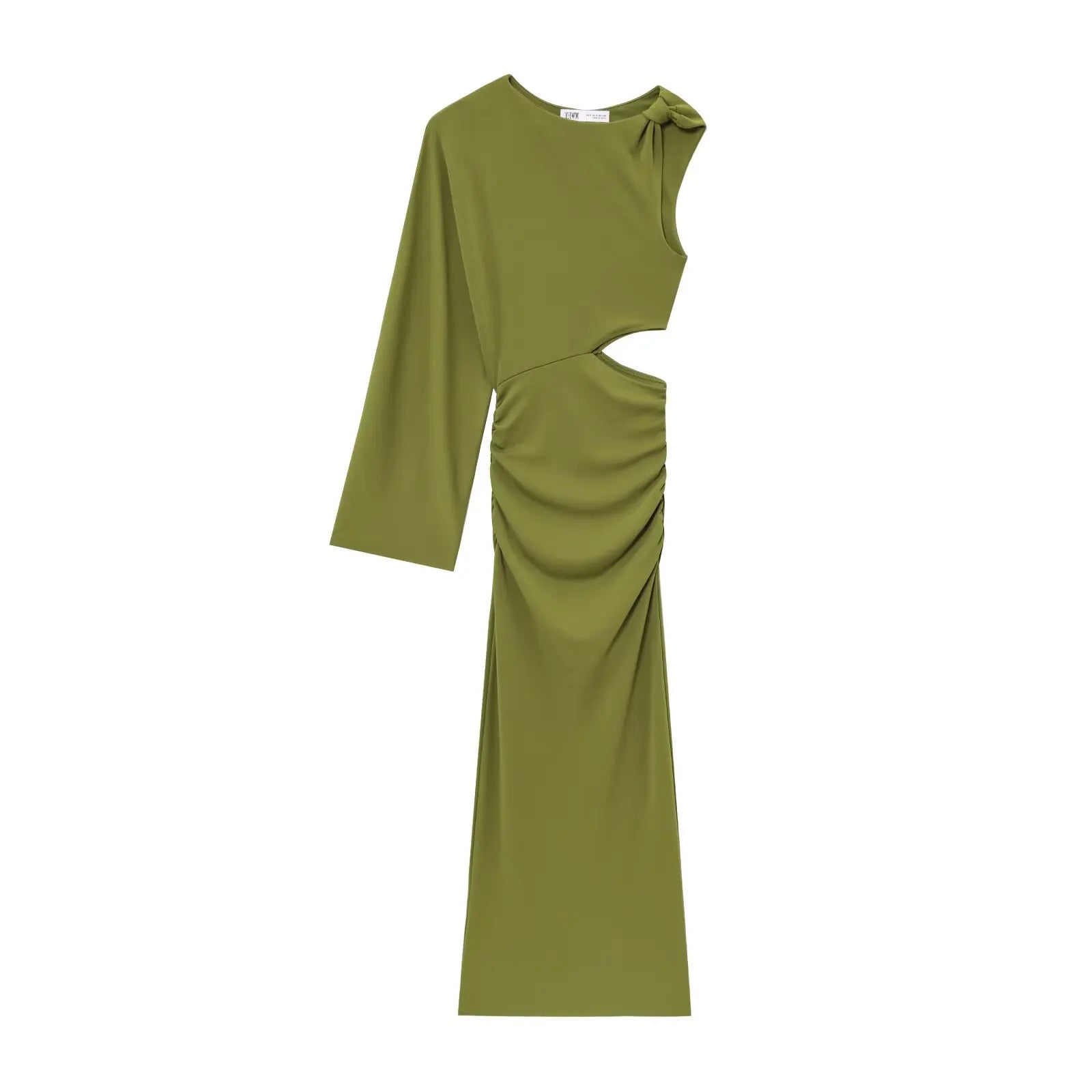 TRAFZA Female Summer Holiday Style Long Dress Green O-Neck Single-Shoulder Sleeve Hollow Out Waist Women's New Fashion Dresses