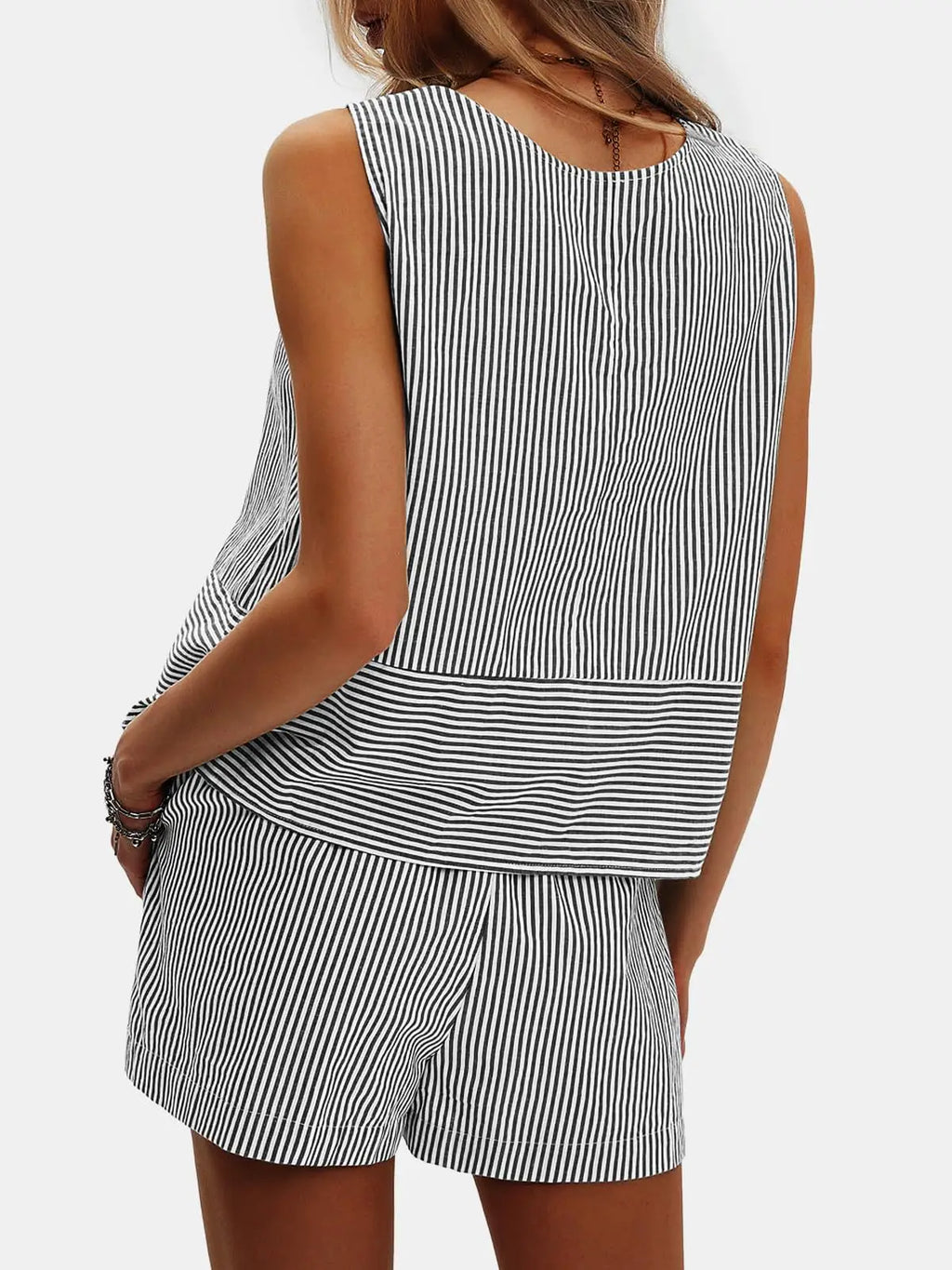 2025 New European and American Style Store Women's Summer 2-Piece Set Sleeveless Top and Shorts Striped Sports