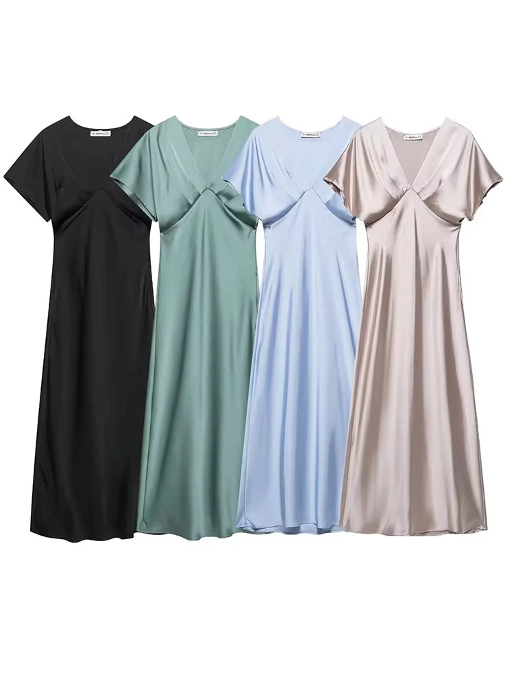 TRAFZA Summer Causal Silk Satin Texture Dresses For Women Pleated Short Sleeves Vintage V-neck Summer Pajama Style Midi Dresses