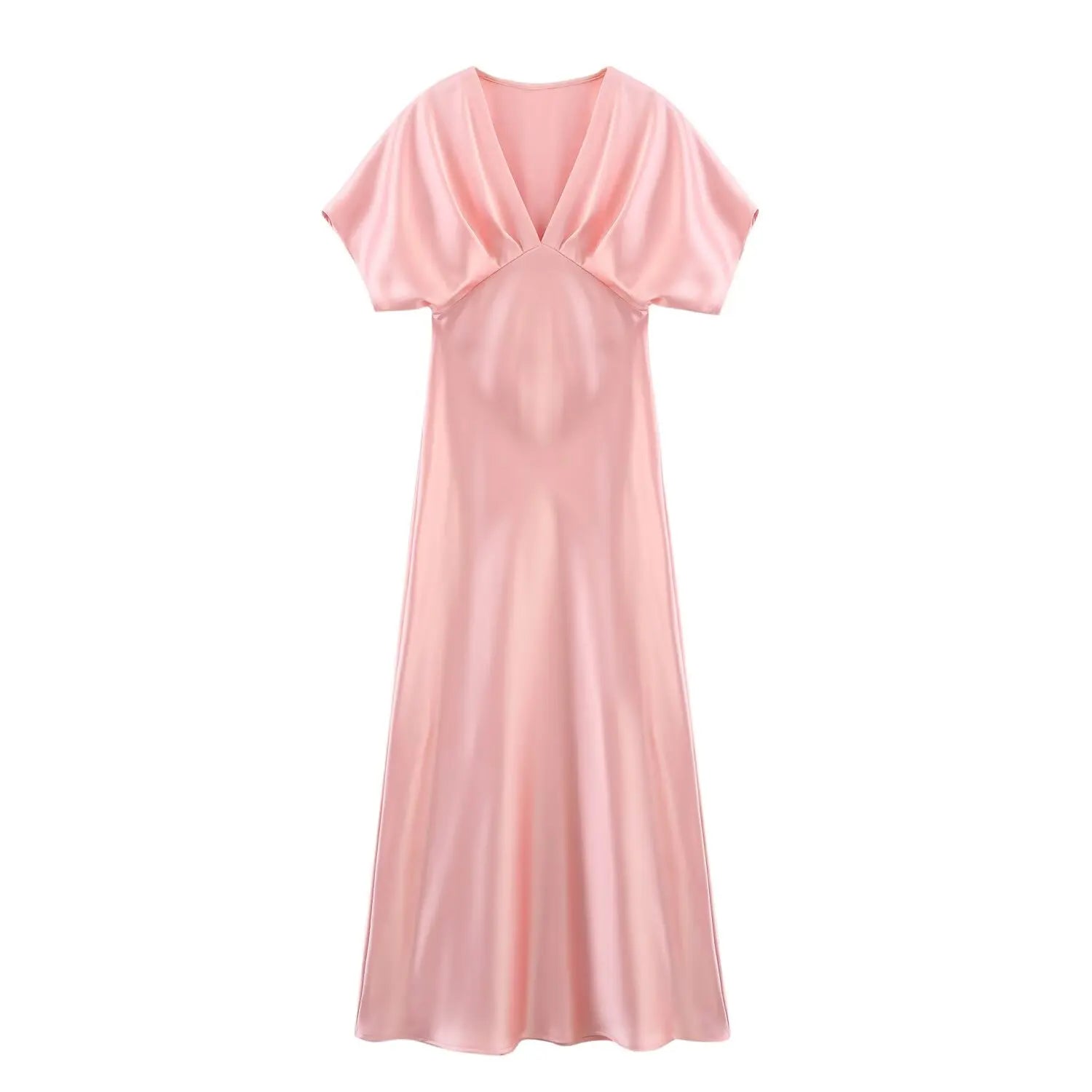 TRAFZA Summer Causal Silk Satin Texture Dresses For Women Pleated Short Sleeves Vintage V-neck Summer Pajama Style Midi Dresses